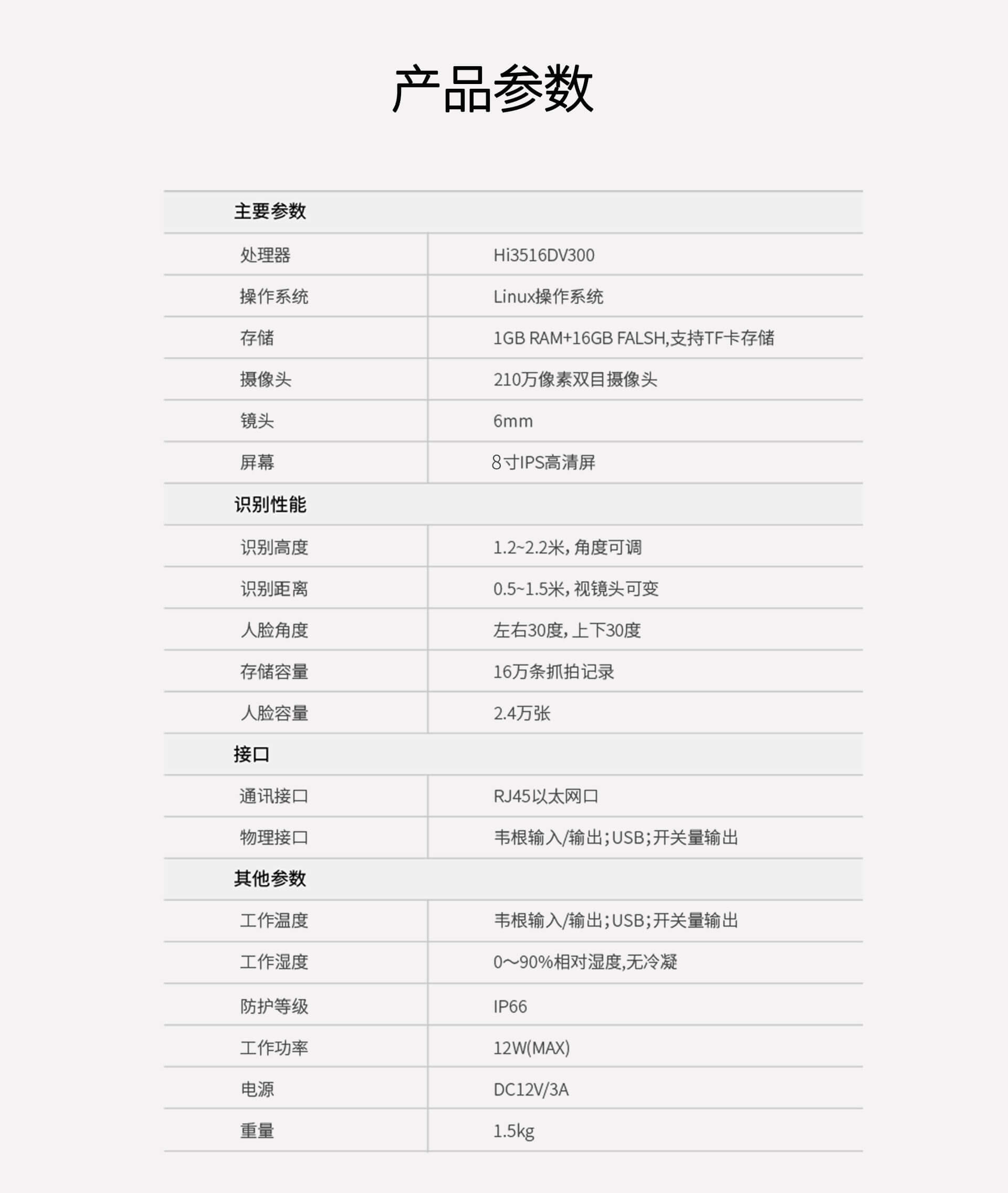 人脸识别机参数